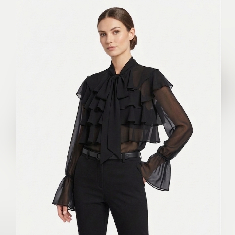 NWT Fashion to Figure Sheer Black Tie-Neck Blouse Size XL